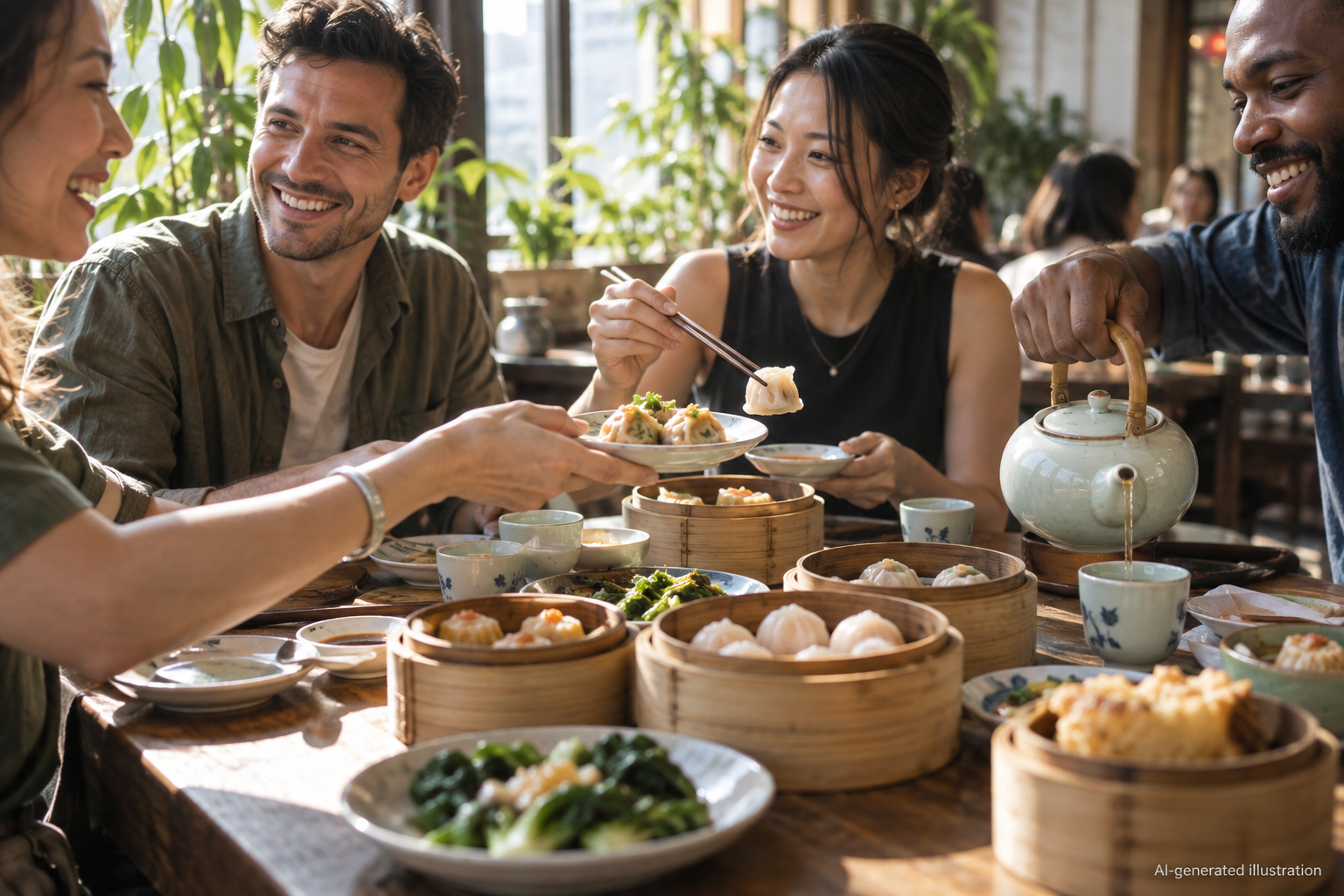 AI-generated illustration of fictional adults sharing dim sum and tea